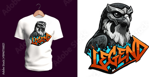 This vector T-shirt features a stern owl head with graffiti lettering reading “Legend.” The artwork includes textured feathers, dripping accents, angular paint shards, and high-contrast street-art