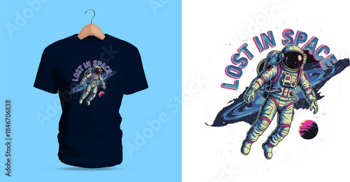 This vector T-shirt artwork features an astronaut floating through space with a drifting pose, illustrated in pink, blue, and white tones. Surrounding stars, cosmic dust, and stylized lighting effects