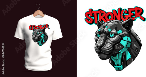 This vector T-shirt shows a cybernetic panther head with graffiti lettering “Stronger.” Mechanical plating, neon highlights, dripping paint, sharp contours, and bold contrast create a futuristic