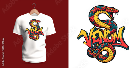 This vector T-shirt displays a coiled snake with graffiti lettering “Venom.” Scales, curves, dripping paint, splattered accents, and bold neon-inspired colors create a dynamic street-art reptile