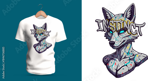 This vector T-shirt features a stylized fox sculpture with graffiti lettering “Instinct.” Chiseled stone-like textures, speckled colors, dripping details, and bold outlines blend organic and carved