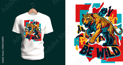 This vector T-shirt displays an action tiger with graffiti lettering “Be Wild.” Layered color blocks, dripping paint, bold splashes, sharp edges, and strong movement lines create a fierce