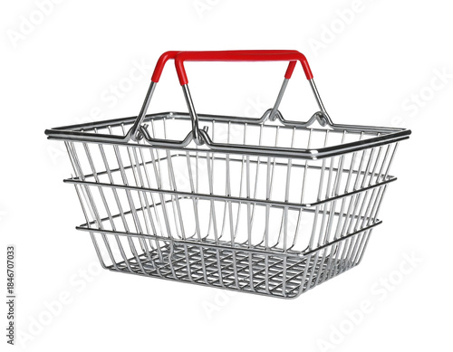 Empty wire shopping basket with red handles on black