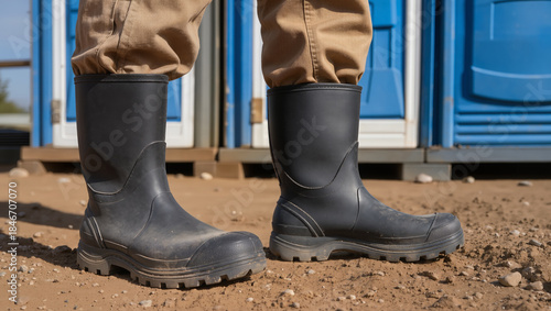 Worker in rubber boots standing on dirt ground near portable toilets at a construction site, illustrating everyday working conditions, on-site sanitation, and temporary facilities