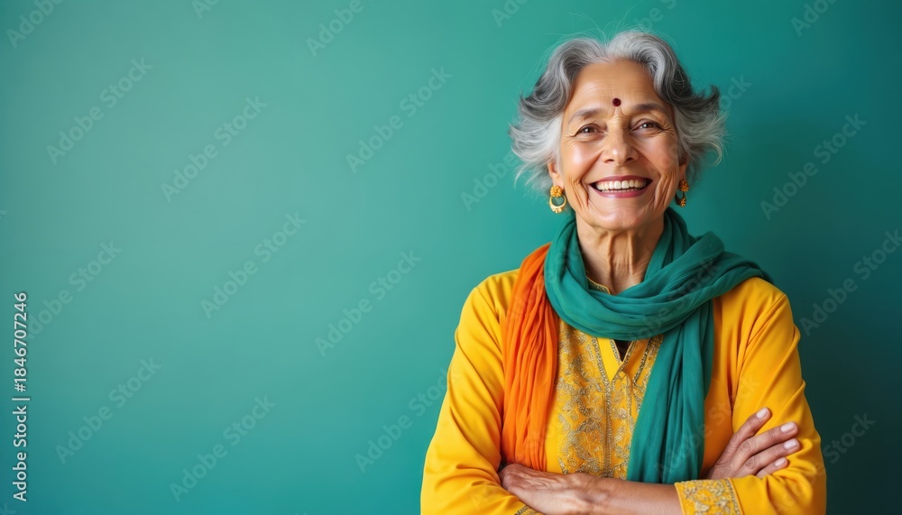 Fototapeta premium Elderly Indian woman smiles brightly in traditional yellow and green attire with orange scarf. She has grey hair, earrings, and a bindi on her forehead.