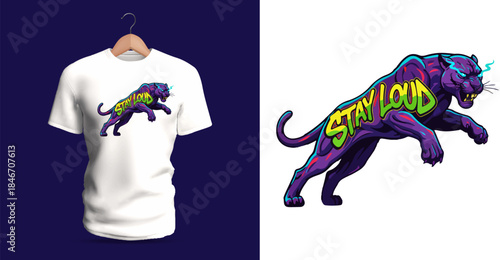This shirt shows a fast-moving panther with spray-style lettering “Stay Loud.” Bright gradients, swift motion lines, dripping details, and street-art textures create a bold, energetic design.