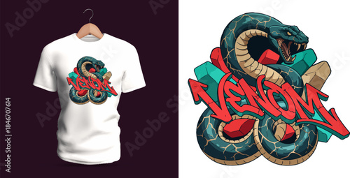 This vector T-shirt shows a thick-bodied python wrapped around graffiti lettering “Venom.” Heavy shadows, dripping paint, splatter bursts, and layered color tones give the snake a bold, dangerous