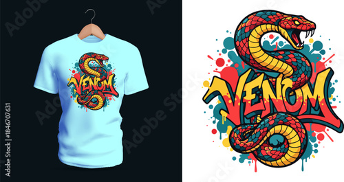 This T-shirt shows a brightly colored coiled snake forming graffiti “Venom.” Layered curves, dripping paint, splatter bursts, and vibrant contrast create a vivid street-art reptile graphic.