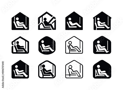 Porch Relaxation Icons. Relaxing on porch. Icon set. Set Logo of