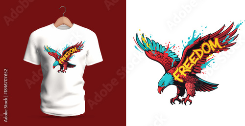 This shirt features an eagle diving mid-flight with graffiti “Freedom.” Wide wings, splattered strokes, dripping outlines, and contrasting tones express movement and independence in a street-art style