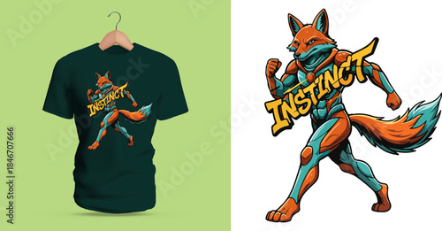 This design shows an athletic fox mid-stride with graffiti “Instinct.” Sharp angles, vivid highlights, dripping edges, and dynamic motion lines create an energetic street-art illustration.