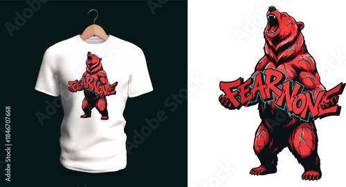 A rising bear with graffiti “Fear None” dominates this design. Heavy posture, dripping highlights, layered splashes, and thick outlines form a bold, intimidating street-art composition.