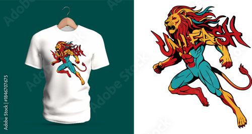 This vector T-shirt design features a dynamic anthropomorphic lion sprinting forward with flowing multicolored mane and muscular stylized body. The bold graffiti lettering “Unleash” expands behind