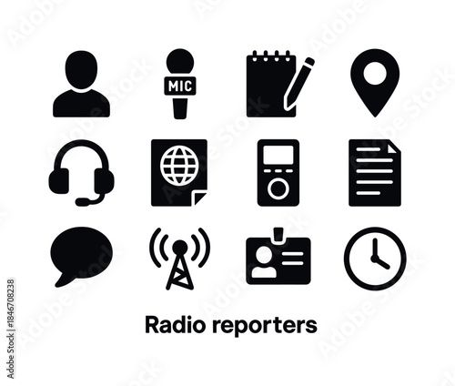 Radio Reporter Icons. Radio Reporters. Solid icon set of Radio R