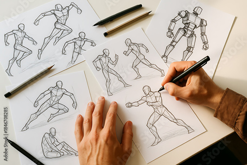 Creative character design process with human figure sketches using construction anatomy lines for dynamic concept drawing and visual development practice