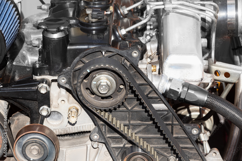 Fototapeta premium Automotive Engine Repair: Timing Belt and Sprocket View for Service Manual Illustration