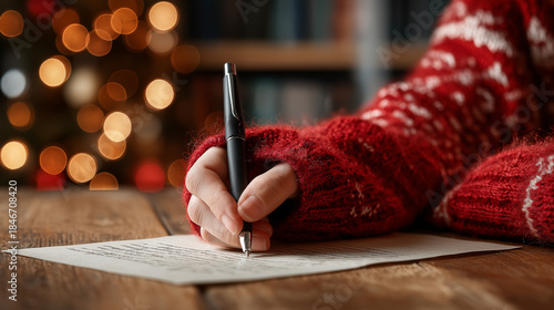 Close-up of a hand in a red sweater writing a heartfelt Christmas letter on a wooden table, with festive bokeh lights in the background