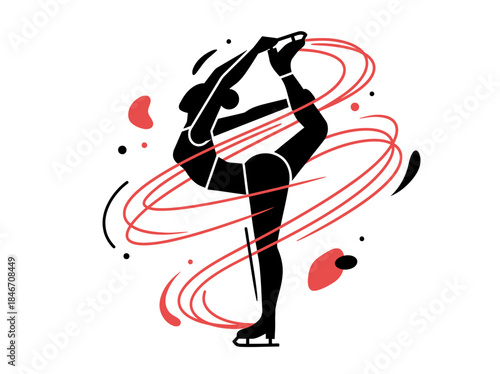 Dynamic dancer performing a graceful pose in a vibrant, abstract environment with swirling shapes and bold lines