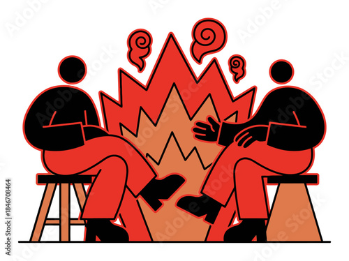 Corporate professionals engaging in a fiery discussion, seated on stools, surrounded by vibrant memphis design elements, in a trendy flat illustration style