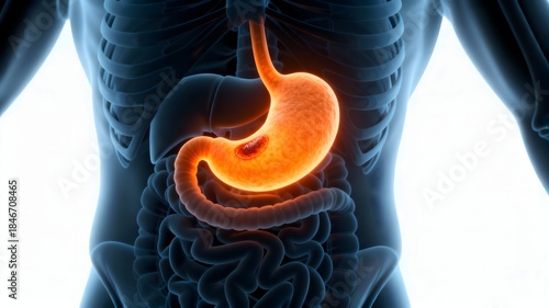 Gastric ulcer visualization showing stomach lining erosion for peptic ulcer disease education.