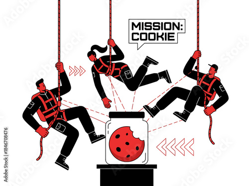 Three individuals in safety gear rappelling down to retrieve a cookie from a jar in a vector illustration