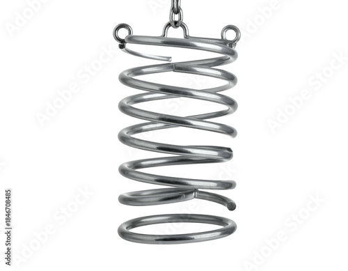 Gleaming metal coil suspension, hanging from a chain