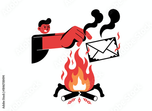 Vibrant vector illustration featuring an angry person's hand burning an unwanted letter, depicting the decisive rejection of spam, digital detox, and information control