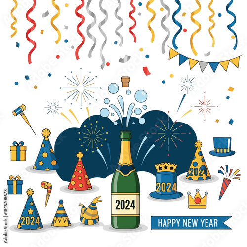A colorful digital illustration of a champagne bottle and party accessories celebrating the 2024 New Year on a white background. Perfect for celebrations, greeting cards, and social media