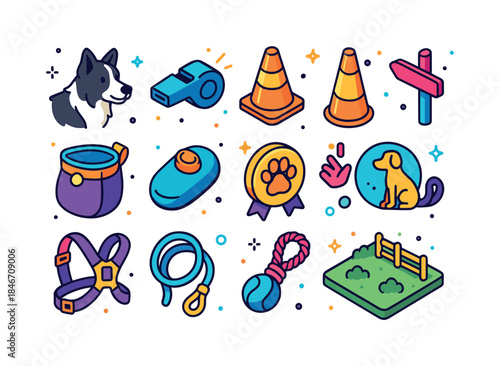Sheepdog Training Icons. sheepdog training. Colorful isometric v