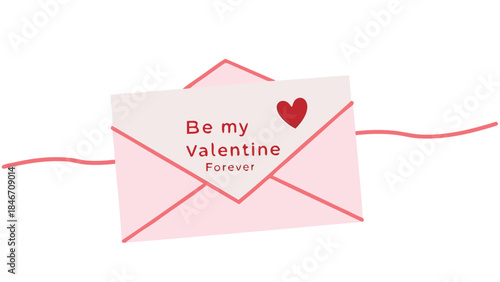 Minimalist pink envelope with red heart and love letter for valentine's day