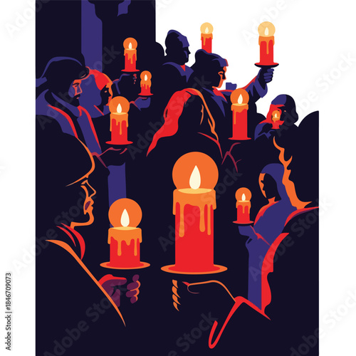 A group of people holding lit candles in a dark setting, depicted in a vibrant digital illustration with warm orange and red tones. Perfect for awareness campaigns, social issues, and