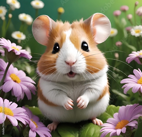 cute, little fat cartoon hamster stands among flowers