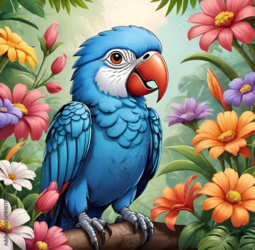 cartoon parrot on a branch among the flowers