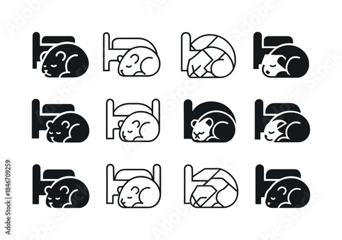 Sleepy Pet Logos. A sleepy pet curled up next to their owner