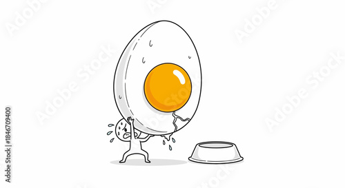 Cartoon depiction of a stressed figure burdened by an enormous cracked egg dilemma