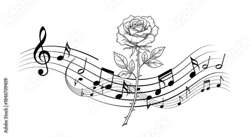 Floral sonata illustration blending musical notes with a delicate rose design representing beauty