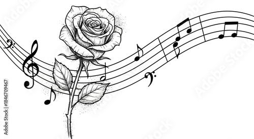 Musical Harmony: A Rose and Music Notes in Monochrome Artistic Composition