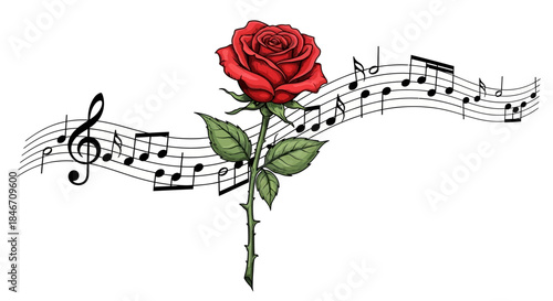 Musical serenity red rose intertwined flowing musical notes creating a harmonious elegance