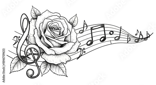 Elegant floral music theme illustration with rose, music notes and clef in monochrome