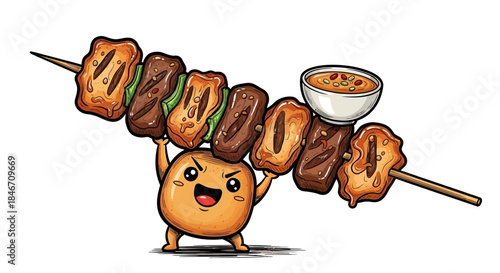 Animated Food Character Balancing Delicious Skewered Treats with a Sauce Bowl