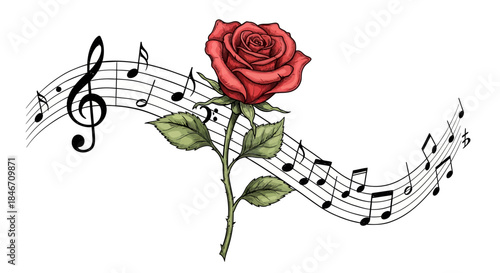 Melodic Serenity: A Crimson Rose Intertwined with Flowing Musical Notes Illustration