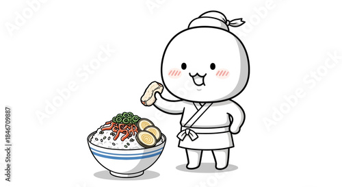 Whimsical food illustration with a cartoon chef presenting a savory rice bowl creation