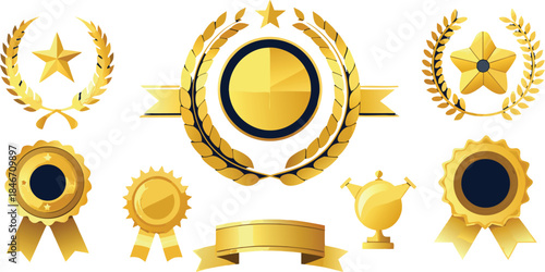 Set of golden award and recognition emblems featuring laurels, stars, ribbons, and trophy