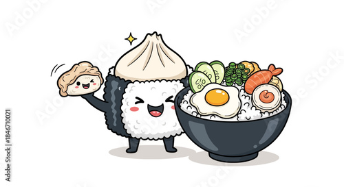 Adorable cartoon characters enjoying a delicious rice bowl with egg and vegetables delight