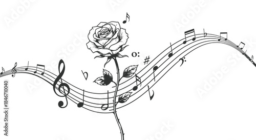Harmonic convergence: A delicate rose intertwined with musical notes and melodies