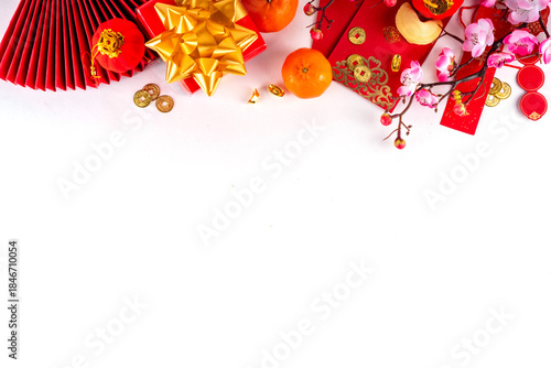 Wallpaper Mural Bright vibrant gold and red Chinese New Year background with mandarin oranges, blossom tree branches, decorative fans, festive greeting envelops and coins, traditional Chinese New Year ornaments Torontodigital.ca