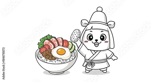 Delightful animation featuring a charismatic bear mascot with a gourmet bowl and rice
