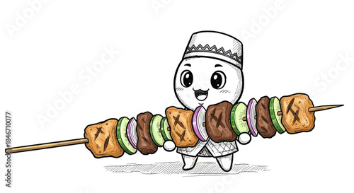 Chef character joyfully presents a delicious shish kebab skewer with meat and vegetables delight