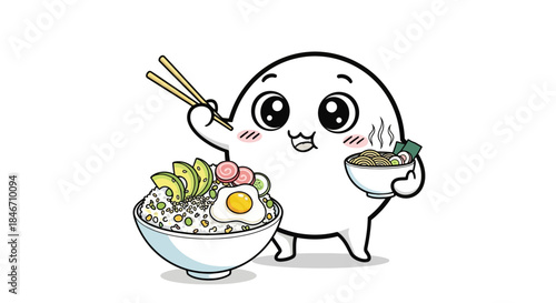 Charming cartoon character happily serving rice bowl with chopsticks and appetizing ramen