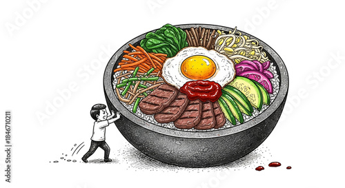 Hand-drawn illustration of a man struggling to move a giant stone bowl of bibimbap